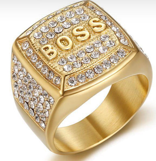 💎 “BOSS” Bling Ring – Gold-Tone Statement Piece with Iced-Out Crystals 💎